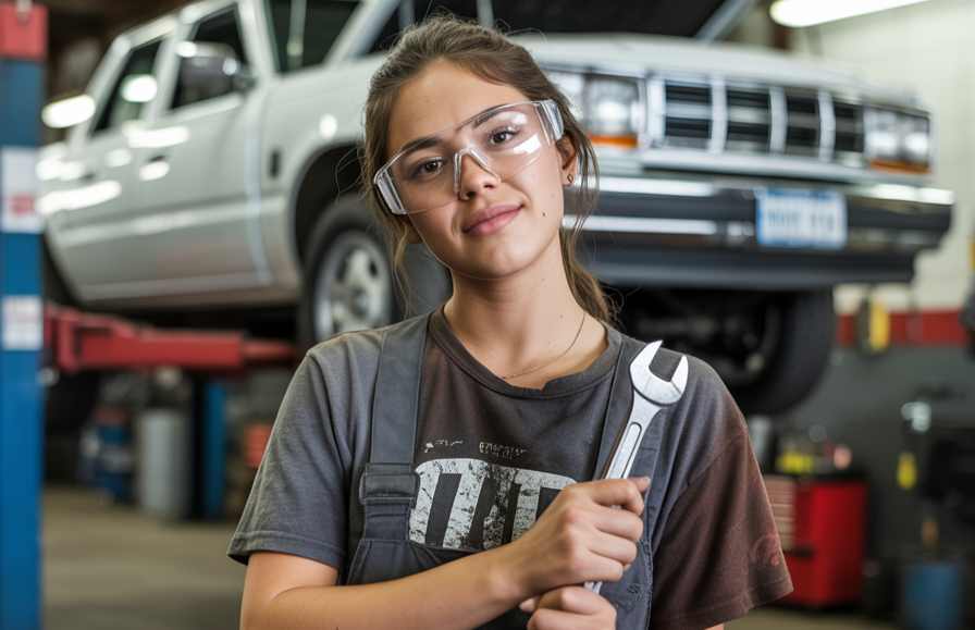 Apprentice auto mechanic wearing safety glasses holds a wrench in a garage with a car on a lift.