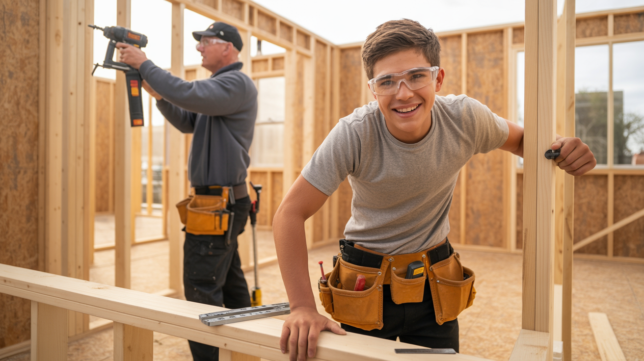 Carpentry apprentice wearing safety glasses and a tool belt smiles while framing interior walls; mentor using a nail gun in the background.