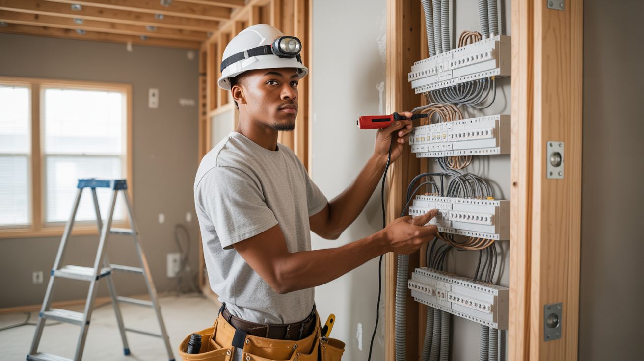 Electrician in a new-build home wiring a breaker panel, wearing a hard hat with headlamp and using a voltage tester.