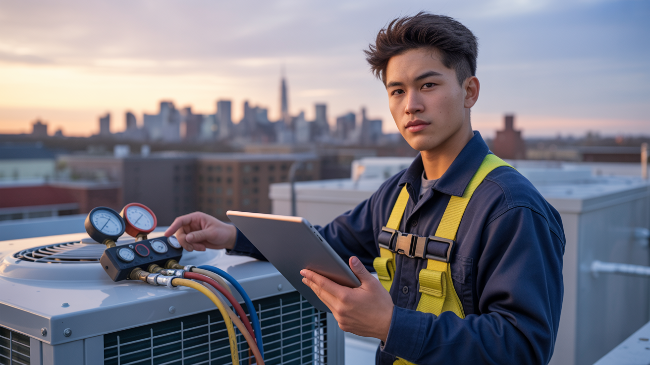 HVAC technician on a rooftop checking manifold gauges with a tablet, wearing a safety harness, city skyline at sunset.